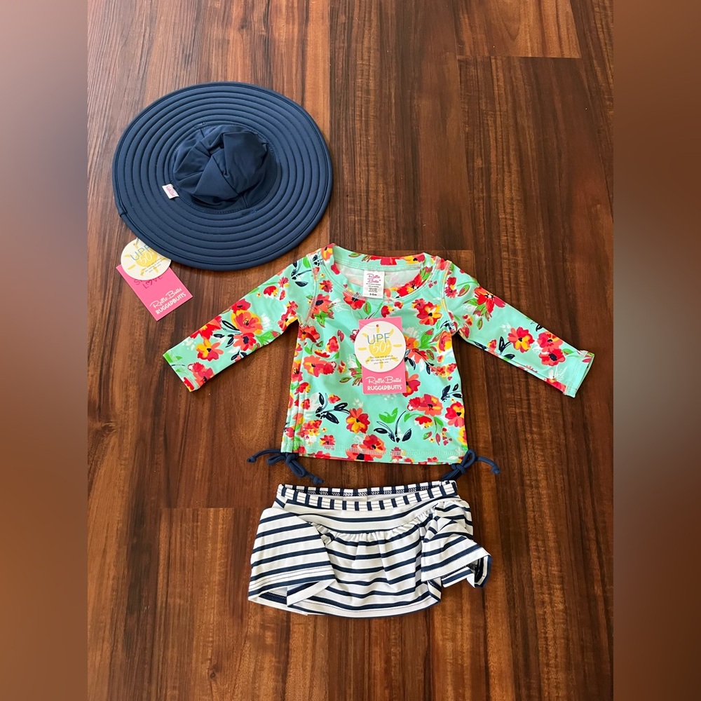 Ruffle Butts Painted Flowers Long Sleeve Rash Guard and Navy Swim Hat 3-6M